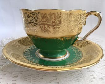 Aynsley Bone China Tea Cup and Saucer, Green and Cream with Gold Gilding and Trim, 1934-39