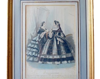 French Antique Framed Paris Fashion Engraving by François Claudius Compte-Calix Drawing - Fashion Wall Art - Victorian Parisian Fashion