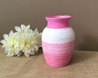 Pink Striped Yarn Wrapped Vase, Yarn Wrapped Vase, Yarn Vase, Pink Yarn Wrapped Vase, Wrapped Vase, Yarn-Wrapped Vase