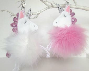 Unicorn faux fur pom pom, Unicorn bag hanger, White pom pom, Unicorn lover gift, Bag charm, Purse charm, Unicorn keyring, present for her