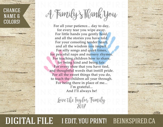 Printable Personalized Daycare Appreciation Gift Nanny Gift
