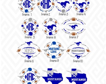 Set of 13 Mustang Football Monogram Frames; SVG, DXF, EPS, Ai and Pdf Digital Files for Electronic Cutting Machines