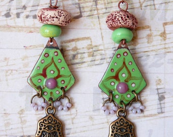 Earrings Ethnic Boho Bohemian Indian Hippie Oriental Chic, Hand of Fatma, Dangle Earrings, Enamel Copper Pendant, Handmade, Womens Gift