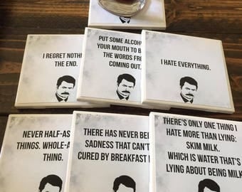 Parks and Recreation Coasters | Ron Swanson - Set of 7 - Special Set - Best Quotes - Popular TV Shows - Drink Coasters - Living Room Decor