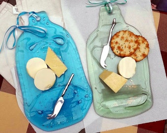 Recycled kiln flattened Blue Gin Bottle Bombay Sapphire .Cheese hors d ouvres,platter/plate/server.