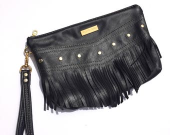 black fringe clutch bag