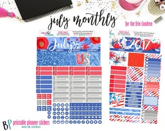 Planner Stickers | 4th of July Monthly Kit Printable | for use with Erin Condren | Planner Printable | Printable Planner Stickers | CutLines