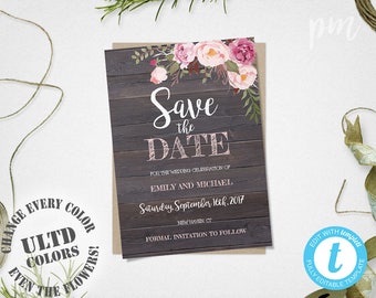 Rustic Floral Save The Date Template, Rustic Save The Date Card, Printable Save The Date, Instant Download, Engagement Template