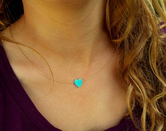 Heart Opal Necklace / Charm Necklace / Gold, Sterling Silver Chain / Tiny One 10mm Opal / Gift For Her / Opal Jewel