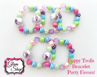 Trolls Party Favors - Trolls Bracelets Set of 5 with Organza Bags! Poppy Trolls Birthday Party! Mix Bracelet Bead Styles as pictured