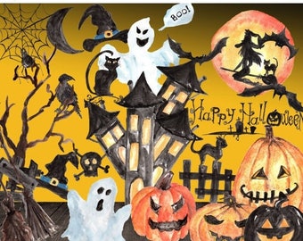ON SALE 30% Watercolor halloween clipart: "HALLOWEEN Clip Art" handpainted clipart Jack O Lanterns thanksgiving clipart pumpkin clipart wit