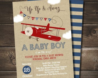 Airplane Baby Shower Invitation with FREE Blue Striped Back, Vintage Airplane Baby Shower, DIGITAL Printable Invite, Red Airplane