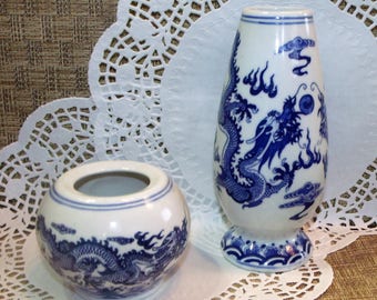 Blue & White Chinese Dragon / Phoenix Pottery by Jingdezhen ~ Asian Home Decor Vase /Bowl ~ Beautiful Vintage Art Pottery Office Cobalt Blue