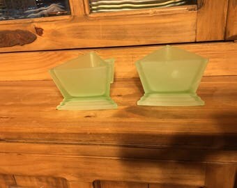 1920s New Martinsville Art Deco "Modernistic" Green Satin Glass Triangle Creamer & Sugar
