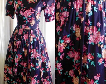80s Laura Ashley Dress Black & Pink Orange Floral Print - Puff Sleeves - Full Skirt - Square Bodice- Vintage 1980s US 12 38" Bust