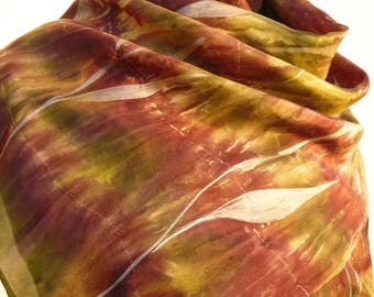 Brown silk scarf handpainted green rusty chocolate brown Autumn silk scarf pale gold vines hand painted pure silk scarf OOAK unique silk
