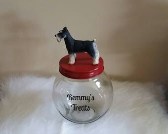 Schnauzer Dog Treat Jar, Personalized Dog Treat Storage Jar, Schnauzer Glass Jar with Name, Red, Silver or Gold Top