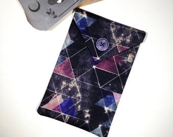 Sacred Cosmos Tarot Deck Bag - Geometric Space Triangle Tarot Pouch Purple and Grey Tarot Oracle Card Case Night Sky Fractal Oracle Bag