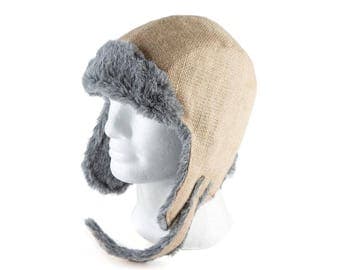 Upcycling Aviator hat "Café Doppio" (winter hat from coffee sack) subject: plain (size: L)