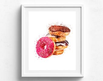 Donut poster, donut art, kitchen art, food art, donut painting, kitchen wall art, bakery art, donut watercolor, pink donut art, foodie art
