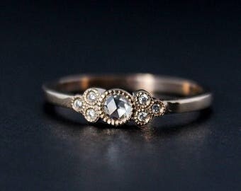 ON SALE Rose Cut Diamond Engagement Ring - Hand Milgrain - Vintage Inspired - 14kt Rose Gold