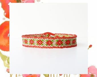 Woven Macrame Friendship Bracelet Vintage Flowers simple skinny floral coral thread adjustable long distance sistes women - Q'enqo Bracelets