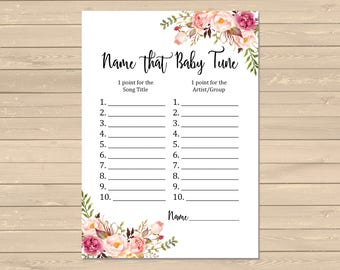 Floral Boho Name that Baby Tune Game, Printable Boho Baby Tune Activity, Floral Baby Shower Baby Song Game Instant Download, DIY Game, 025-W