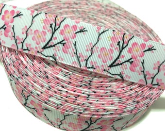 7/8 Pink Cherry Blossom Ribbon by the Yard, Cherry Blossoms Grosgrain Ribbon, Flowers Ribbon, Sakura Ribbon, Japanese Printed ribbon