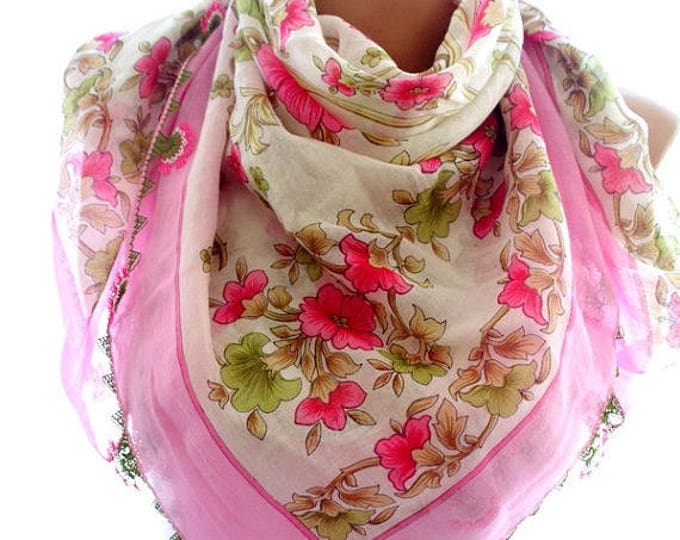 Lace embroidered scarf, pink lace edge scarf,scarves for women, soft scarf, cozy scarf, trendy scarf