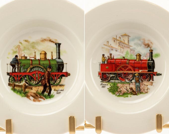 Vintage Cigar Trays | Railroad Steam Engines | Collectible Ashtrays | Porcelain - Set Of 6