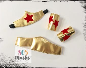 Wonder Woman Costume, Super Hero Headband, Belt and Arm Bands, Wonder Woman Headband, Wonder Woman Arm Cuffs, Baby Kids Halloween Costume