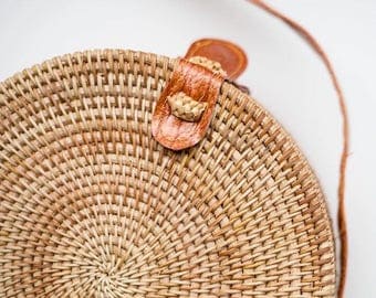 Round Rattan Basket Bag Round Straw Bag Boho Roundie Shoulder Woven Bag