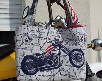 Vroom Vroom Tote can be worn doubled US 66 printed shoulder closes with zipper