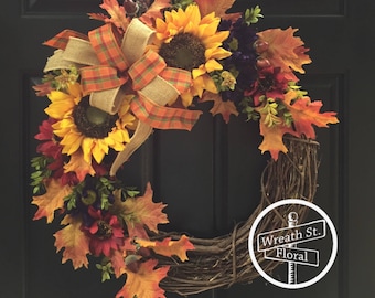 Fall Wreath, Autumn Wreath, Harvest Wreath, Front Door Wreath, Sunflower Wreath, Wreath Street Floral, Grapevine Wreath, Door Wreath