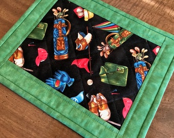 Golf mug rug, quilted snack mat, mug mat, candle mat, Quiltsy team, Item #230