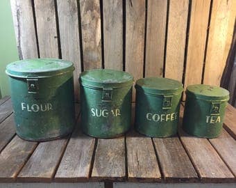 Vintage Kitchen Tin Set, Vintage Flour, Sugar, Coffee and Tea Tin Can Set, Vintage Kitchen Tins