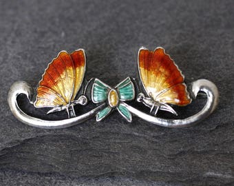 Antique Edwardian Silver and Enamel Butterfly and Bow Brooch