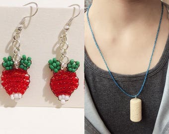 Luna radish earrings and cork necklace - Luna's dirigible plum earrings