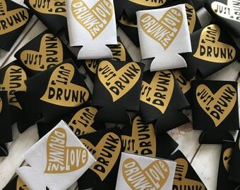 Gold Metallic Drunk in love/ just drunk bachelorette drink sleeve