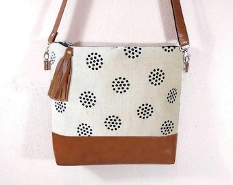Large and Smaller canvas JUTE bag, canvas painted crossbody bag, hobo white shoulder bag, cotton and leather bag, crossbody purse,Toffee bag