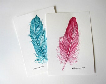 Watercolor Faethers Set of 2 Painting Feather 5 x 7 Original watercolor paintings Feather Watercolor Cards