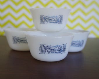 4 Vintage Currier and Ives Glasbake Custard- Ramekin Cups