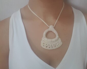 SALE Cotton necklace beige white necklace Gift for her, for her, Necklace for women, Gift under 50, FREE SHIPPING, gift for best friend.