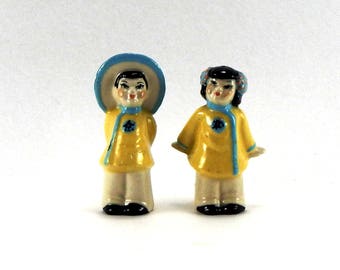 Vintage Ceramic Arts Studio Chinese Boy and Girl Salt & Pepper Shakers - Ceramic Art Studios Madison WI - Asian Salt and Pepper