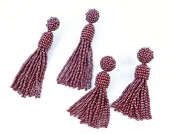 Mom birthday gift Long beaded earrings Maroon pearl tassel earrings burgundy seed bead earrings Oscar de la Renta style Statement earrings
