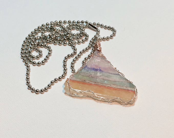 Large Beach Glass pendant with 31" chain - Wire Wrap Beach Scene Beach Glass -Lake Michigan - Chicago Skyline
