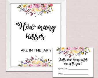 How many kisses in the jar, Floral How Many Kisses, Bridal Shower Game, how many kisses sign, watercolor flowers INSTANT DOWNLOAD pdf BL2