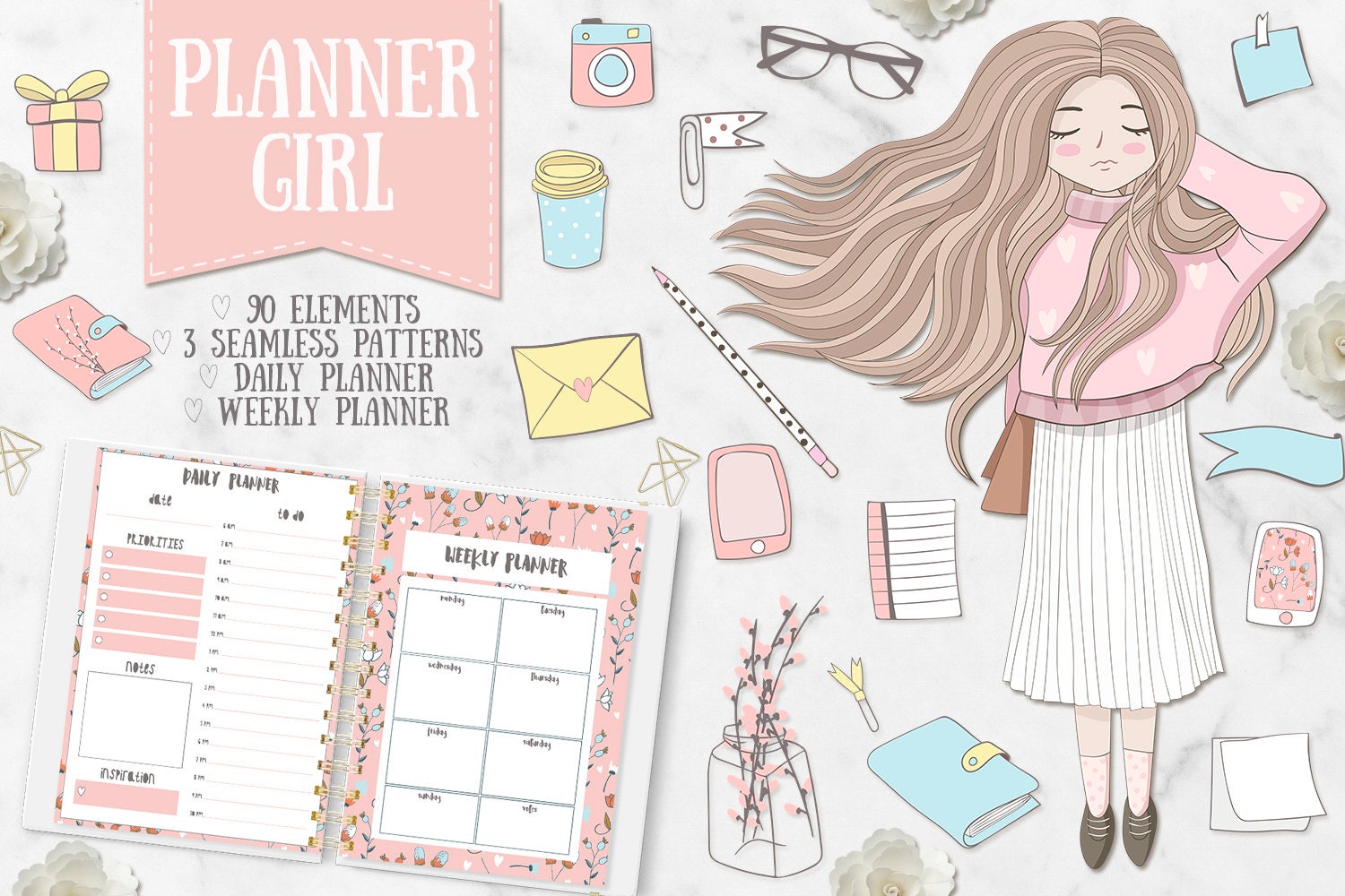 Planner Girl Clipart. Weekly & daily. Cute elements for