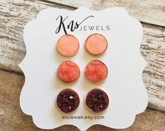 Druzy Earrings, Earring Trio, 12mm Studs, Earrings, Summer Earrings, Studs