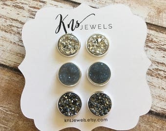 Druzy Earrings, Earring Trio, 12mm Studs, Earrings, Summer Earrings, Studs